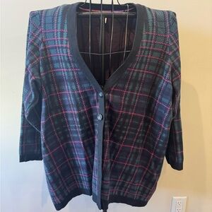 Isaac Mizrahi Women's Cardigan Sweater Blue Pink Black Plaid Button Front Sz 2x